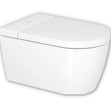 Vägghängd toalett med djup spolning, stängd spolkant och integrerad duschfunktion