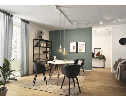 Vardagsrum med matbord, stolar, hyllor och skensystem med spotlights