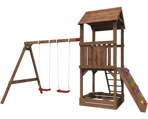 Lektorn i trä med gunga, rutschkana och klättervägg