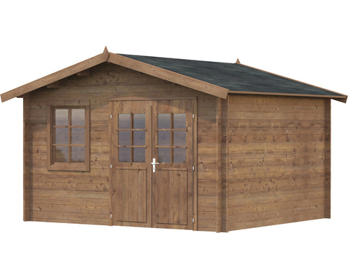 Trädgårdsskjul i trä med fönster och dubbeldörr