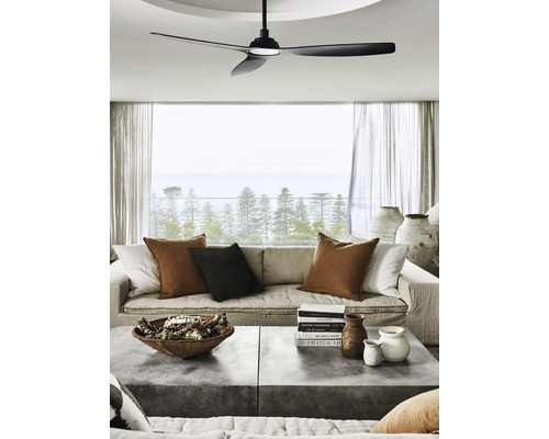 Vardagsrum med takfläkt, soffa och soffbord