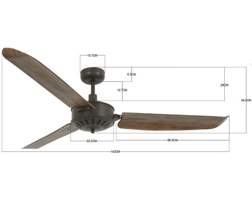 Takfläkt med tre blad och måttangivelser