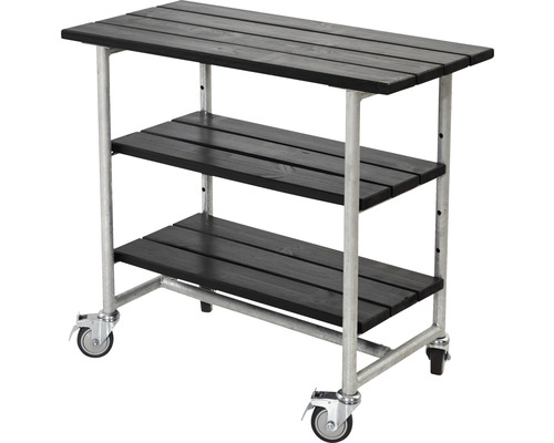 Serveringsbord/planteringsbord PLUS Urban Picnic 2 hyllplan trä/stål 100cm svart Rullvagn med tre hyllor i trä och metallram