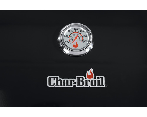 Detaljvy av en Char-Broil grill med temperaturdisplay och företagslogotyp