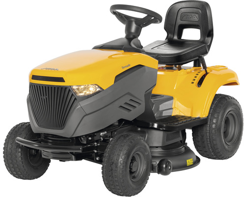 Gul åkgräsklippare med förarsäte och ratt