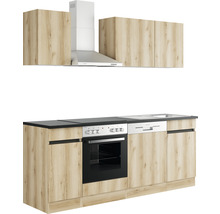 Kök med överskåp, fläkt, spis, diskho och diskmaskin