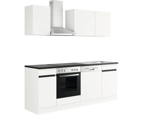 Köksdel med diskho, spis, fläkt och väggskåp