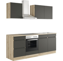 Köksdel med diskho, spis, ugn, fläkt och väggskåp