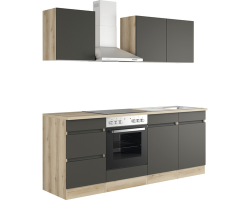 Köksdel med diskho, spis, ugn, fläkt och väggskåp