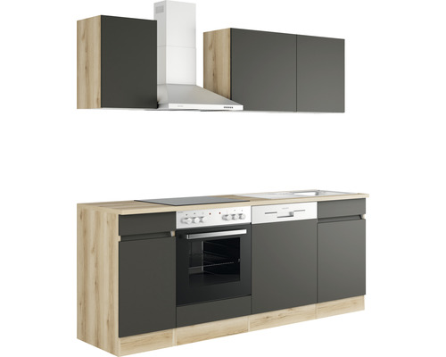 Inbyggt kök med diskho, spis, fläkt och väggskåp