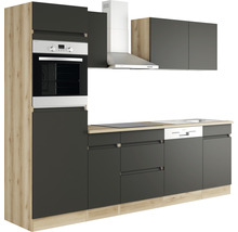 Modernt kök med inbyggd ugn, fläkt och diskmaskin.