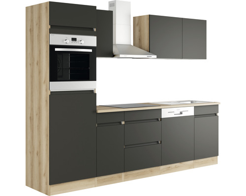 Modernt kök med inbyggd ugn, fläkt och diskmaskin.