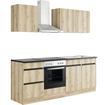 Köksdel med väggskåp, fläkt, diskho och spis