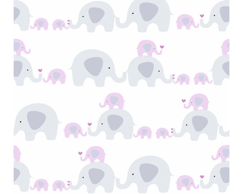 Tapet A.S. CRÉATION Elefant rosa/vit 10,05x0,53m Mönster med elefantfamiljer och hjärtan