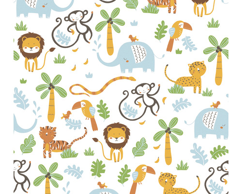 Tapet A.S. CRÉATION Djungeldjur blå/gul 10,05x0,53m Illustration med djungeldjur som elefanter, apor, lejon, tigrar, leoparder, ormar och fåglar