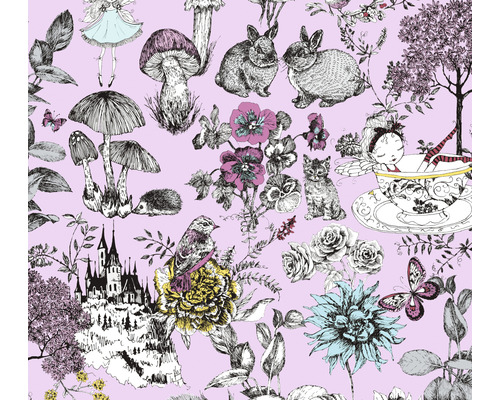 Tapet A.S. CRÉATION Djur & älvor rosa/svart 10,05x0,53m Mönster med illustrationer av skogsdjur, blommor, svampar, ett slott och en fe