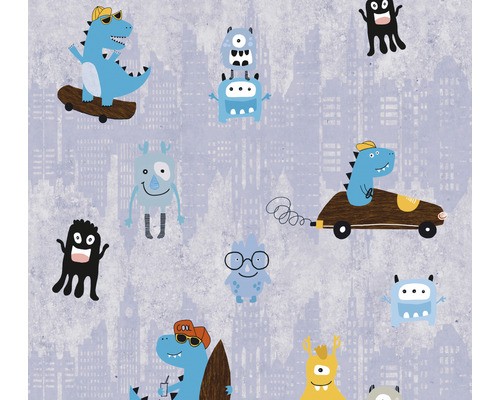 Tapet A.S. CRÉATION Monster & dino blå/gul 10,05x0,53m Tapet med monster- och stadsdesign