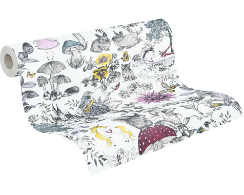 Tapetrulle med sagomotiv, inklusive svampar, djur och blommor