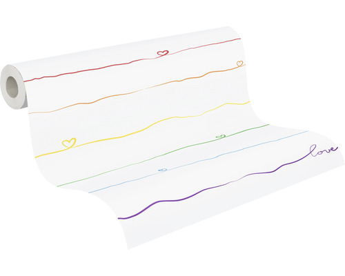 Tapetrulle med linjer och hjärtmotiv i regnbågens färger