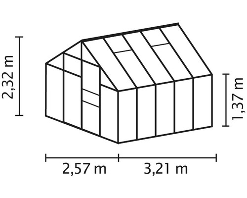 Växthusets dimensioner: 2,32 meter högt, 2,57 meter brett, 3,21 meter långt, sidhöjd 1,37 meter