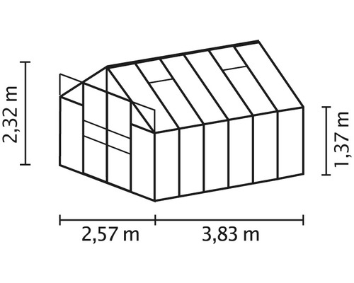 Illustration av ett växthus med måttangivelser