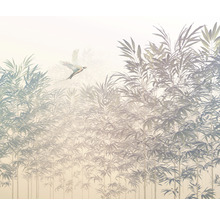 Illustration av ett bambulandskap med flygande fågel