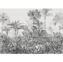 Illustration av en djungelscen med palmer, bananplantor, tropiska växter och två leoparder