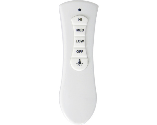 Fjärrkontroll för takfläkt med inställningarna hög, medium, låg, av och ljus