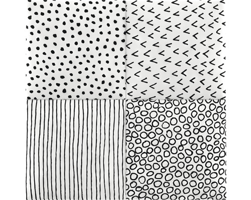 Fyrkantigt tygmönster med prickar, streck, krokar och cirklar