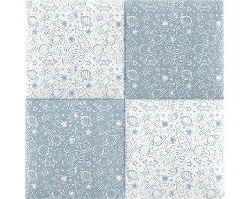 Fyrkantiga plattor med rymdmönster med raketer, planeter och stjärnor