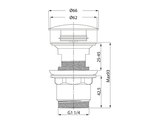 Teknisk ritning av en avloppsventil med måtten 66 millimeter, 62 millimeter, 25 till 45 millimeter, 42,5 millimeter, maximalt 93 millimeter och G 1 1/4