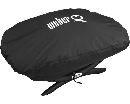 Weber grill med svart skyddshölje och Weber logotyp