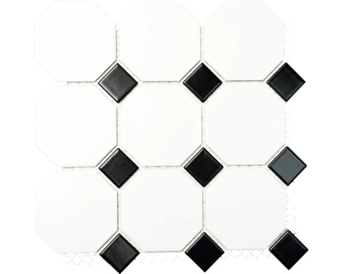 Mosaik keramik oktagon OCTA G 948N vit matt svart blank 30x30 cm Mosaikplatta med åttkantiga och kvadratiska former
