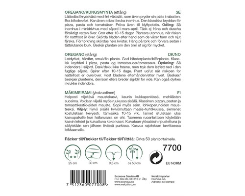 Oregano fröförpackning med odlingsinstruktioner och symboler