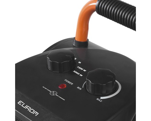 Närbild av en värmare med vridknappar för effekt- och temperaturjustering