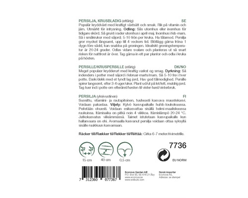 Information och instruktioner för persiljeplantering på förpackningen