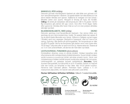 Förpackning röda mangoldsfrön med information om odling och skörd