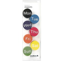 Veckomagneter i ett set med dagarna måndag, tisdag, onsdag, torsdag, fredag, lördag och söndag