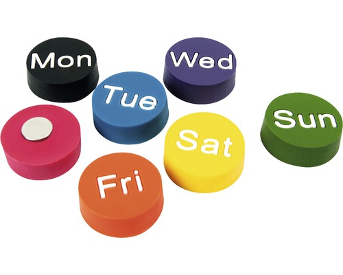 Sju runda magneter med veckodagarna