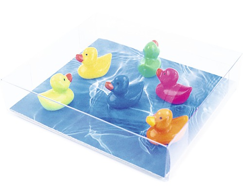 Sex färgglada badankor i gummi på ett underlag med vattenmotiv