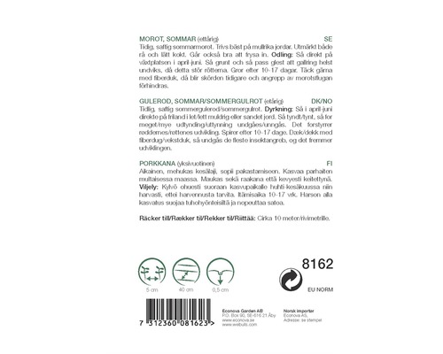 Information om sådd, skörd och egenskaper hos morötter och betor