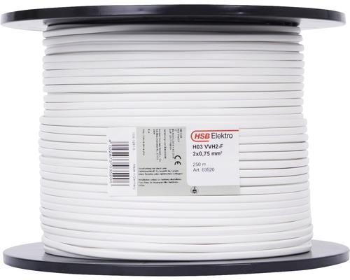 Vit elkabel H03 VVH2-F 2x0,75 mm² på spole