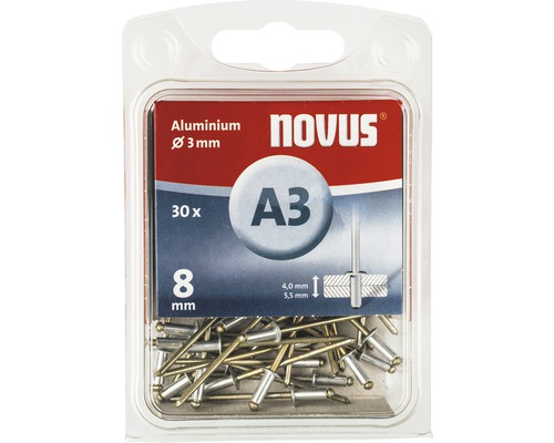 Novus blindnitar A3, 3 millimeter diameter, 8 millimeter längd, 30 stycken i förpackningen