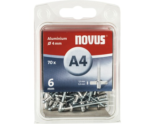 Förpackning med 70 blindnitar av aluminium, diameter 4 millimeter, längd 6 millimeter