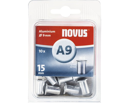 Blindmutter NOVUS M6 Ø 9x15mm aluminium 10-pack Novus A9 Blindnitar av aluminium, diameter 9 mm, 10 stycken