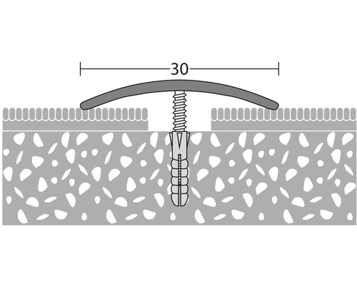 Schematisk bild av en övergångsprofil med skruv och plugg, total bredd 30 millimeter