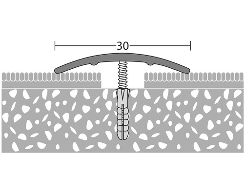Illustration av en övergångsprofil med fästskruv och plugg, mått 30.