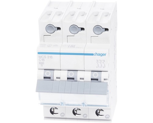 Dvärgbrytare HAGER MCS 316 16A C 6 kA 3-polig Quick Connect 3 modul Hager automatsäkring C16 3-polig