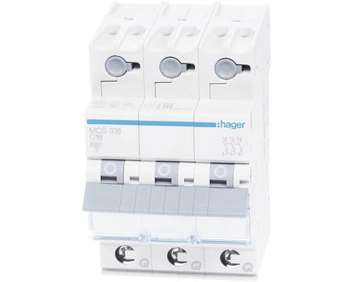 Dvärgbrytare HAGER MCS 316 16A C 6 kA 3-polig Quick Connect 3 modul