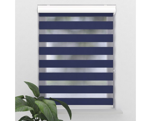 Fönster med blårandig duorollgardin för ljusreglering